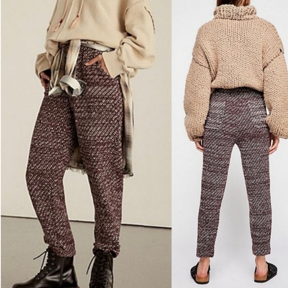 Free People Cozy High Rise Knit Burgundy Tapered Leg Oversized Trouser Pant S